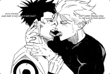a black and white drawing of two men kissing with the caption gojo ottosan make sure to not make it dirty