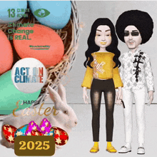 a couple of dolls are standing in front of a basket of easter eggs and a sign that says " act on climate "
