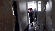 a cartoon of a raccoon wearing sunglasses and a bandana in a hallway