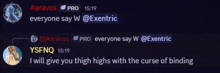 a screenshot of a conversation between ysfnq and aaravos pro