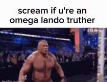 a meme of brock lesnar screaming if he 's an omega lando truther