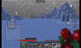 a screenshot of a game called minecraft with a snowy mountain in the background