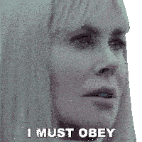 a close up of a woman 's face with the words i must obey