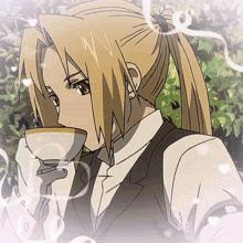 a cartoon character with a ponytail drinking from a cup with the letter w on it