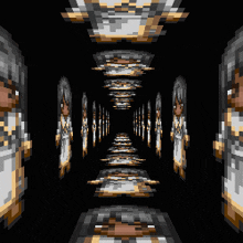a very long hallway with a lot of angels on the wall