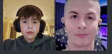 a boy wearing headphones looks at the camera while another boy looks at the camera