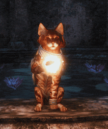 a cat is holding a glowing object in its paws