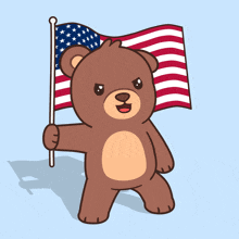 a cartoon bear holding an american flag with the letter w on its chest