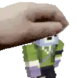 a pixel art of a hand holding a minecraft character 's head .