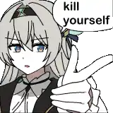 a pixel art of a girl pointing at the camera with the words `` kill yourself '' .