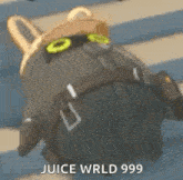 a cartoon character is sitting on a bed with the words `` juice wrld 999 '' written on the bottom .