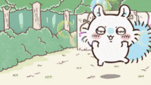 a cartoon of a rabbit holding a soap bubble in front of a fence