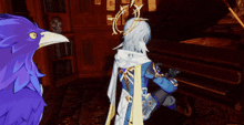 a purple bird is standing next to a man in a blue and white outfit