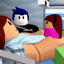 a woman is laying in a hospital bed while a man and a girl are standing around her .