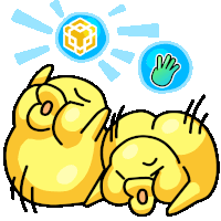 a cartoon drawing of a dog laying down with a hand and a cube in the background