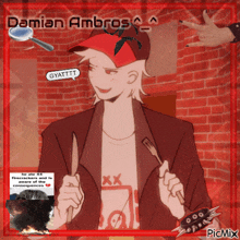 a drawing of damian ambros holding a knife and fork in front of a brick wall