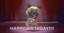 a cartoon pug dog is holding a lollipop in its mouth and says happy birthday .