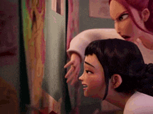 a couple of cartoon characters looking at a picture on a wall