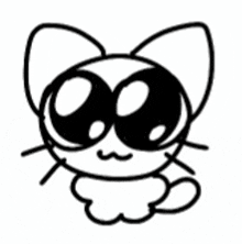 a black and white drawing of a cat with big eyes and a cloud behind it .