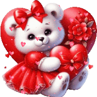 a teddy bear in a red dress holds a red heart