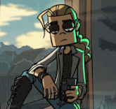 a cartoon drawing of a man holding a cell phone with the letters ec on it