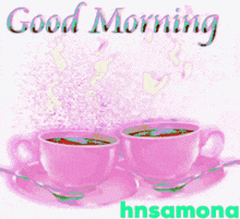 two cups of coffee on a saucer with the words good morning
