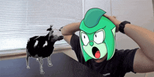 a cartoon of a person with a green head and a cow behind them