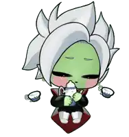 a cartoon character with green hair and white hair is holding a bottle