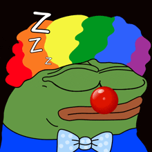 a cartoon of a green frog wearing a clown costume with a red nose and sleeping
