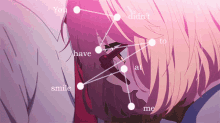 a close up of a girl 's face with the words " you didn 't have to smile " written on it