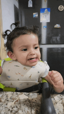 a baby wearing a bib with giraffes on it