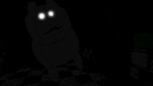 a cartoon character with glowing eyes is standing in a dark room near a door