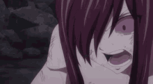 a close up of a person with purple eyes and red hair