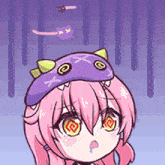 a girl with pink hair is wearing a purple hat with a cat face on it