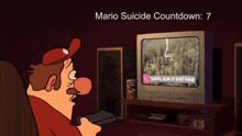 a cartoon of a man sitting in front of a television with the words mario suicide countdown 7