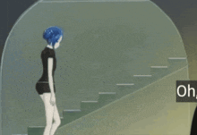 a girl with blue hair is walking up the stairs .