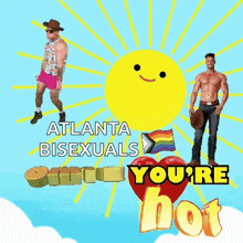 two men are dancing in front of a sun with the words atlanta bisexuals on it