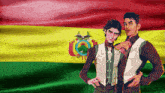 two men standing in front of a flag with a bird on it