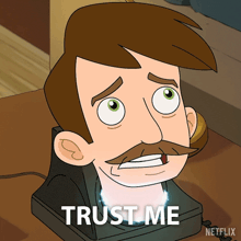 a cartoon of a man with a mustache talking on a telephone that says trust me on it