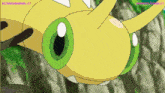 a cartoon drawing of a bug with green eyes and wings