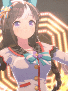 a close up of a girl with purple eyes and a bow