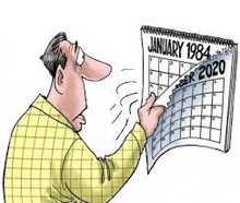 a cartoon of a man looking at a calendar for january 1984 .