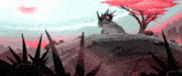 a painting of a monster sitting on top of a hill
