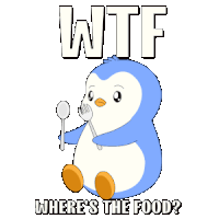 a penguin holding a fork and spoon with the words " wtf where 's the food " below it