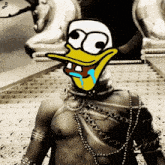 a black and white photo of a man with a cartoon duck face on his face