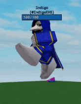 a cartoon character named indigo is standing in a grassy field