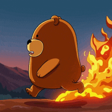 a brown teddy bear is running from a fire