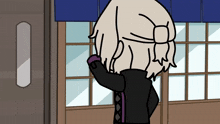 a cartoon character is standing in front of a window