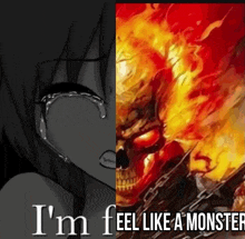 a girl is crying next to a picture of a monster