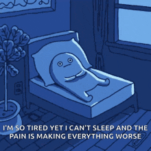 a cartoon of a person laying on a bed with the words i 'm so tired